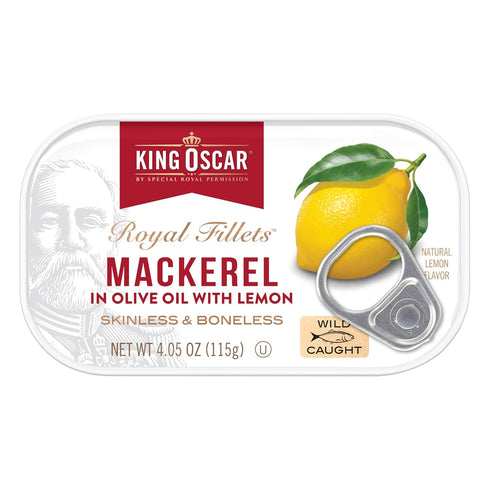 4.05 (Pack 12), (Packaging King Oscar Mackerel in Olive Oil with Lemon, Ounce Cans of Skinless & Boneless, Wild Caught