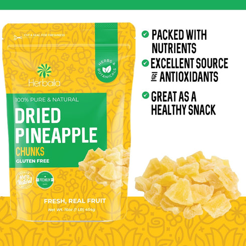 1 16 oz. Herbaila Dried Pineapple Chunks, Pound. Dehydrated Pineapple Chunk, Dehydrated Pineapple Bulk, Dried Pineapple