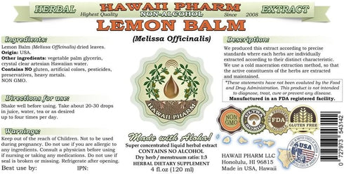 Lemon Balm Alcohol-Free Liquid Extract, Dried Leaf Glycerite, Hawaii Pharm, 2 oz