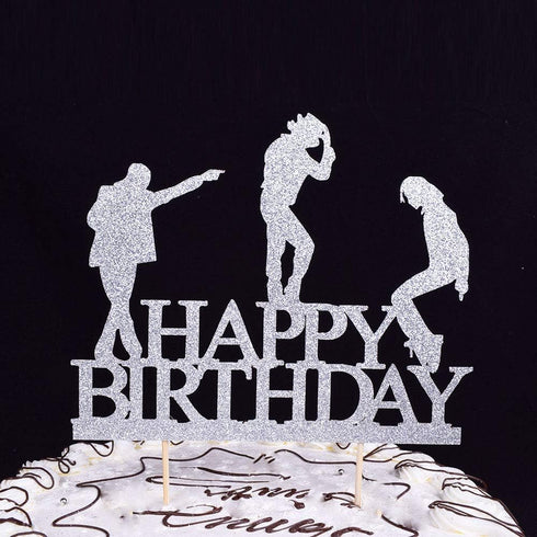 Glitter Happy Birthday Cake Toppers - Silver Birthday Party Decoration Supplies with Happy Birthday Cake Bunting