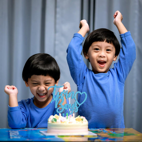 Baby Shower Cake Decor for Boy, Twin Boys Cake Topper, Blue Glitter, Oh Babies/Gender Reveal/Babies 1st Birthday Party