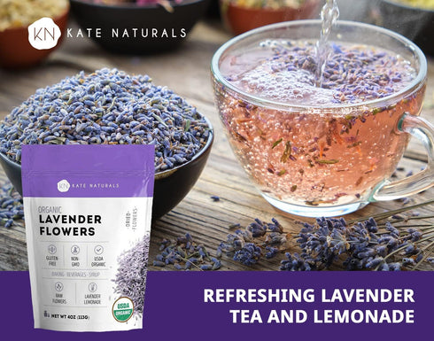 Kate Naturals Dried Lavender Flowers for Tea, Syrup, Lemonade, Soap Making - Edible Culinary Grade Buds (4oz, Organic,
