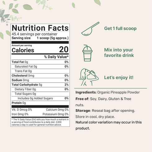8oz 100% Organic Pineapple Powder, | Natural Fruit Powder | Freeze-Dried Pineapples Source | No Sugar & Additives |