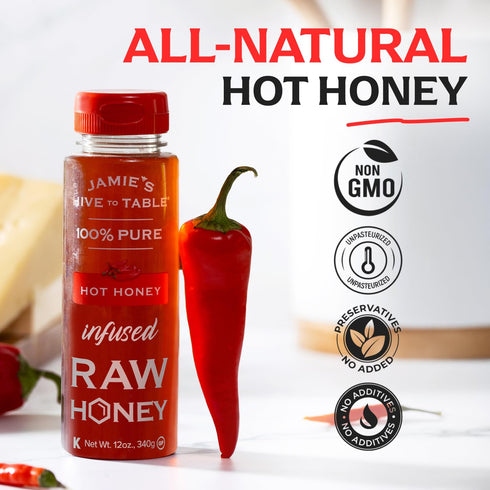 12 Oz 100% Jamie's Hive To Table Hot Honey, Natural Raw Honey Infused with Hot Pepper Gluten-Free, Non-GMO Spicy Kick