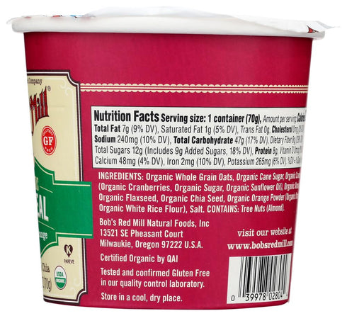 2.47 OZ (Pack 1)12 Bob's Red Mill Organic Gluten-Free Oatmeal Cup, Cranberry Orange