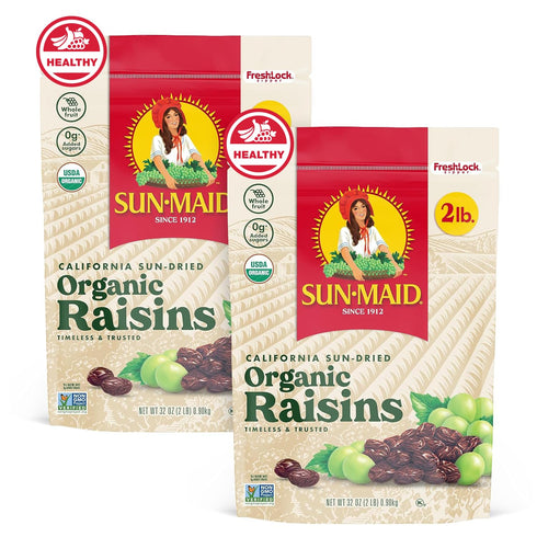 (2 Pack) 32 oz Sun-Maid Organic California Sun-Dried Raisins - Resealable Bag - Organic Dried Fruit Snack for Lunches