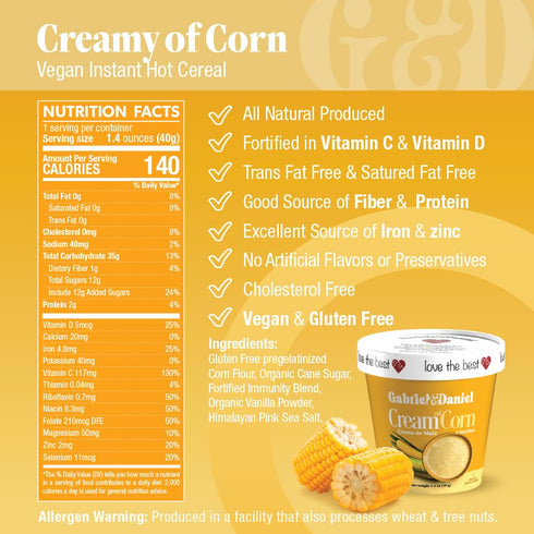 (Pack 12) Gabriel & Daniel Gluten Free Instant Cream of Corn Non-GMO, Pure and Wholesome Hot Cereal Smooth & Creamy