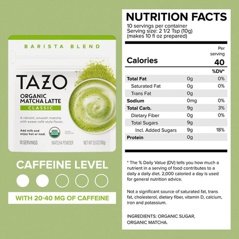 10 3.5 oz (Pack 1) TAZO Organic Classic Matcha Latte, Barista Blend Matcha Powder, Servings, CafQuality Matcha, Lightly
