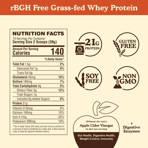 21g (10 BBfL Grass-Fed Whey Protein Shake rBGH-Free Protein, Cocoa + Apple Cider Vinegar, Prebiotics, Digestive