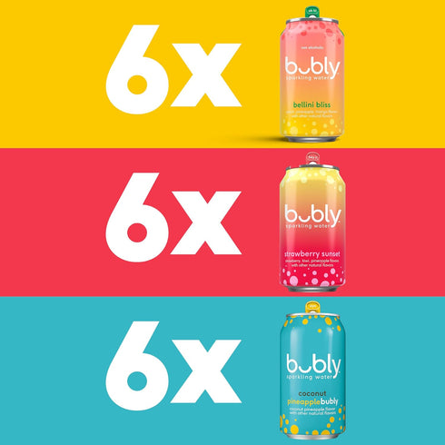 3 Pack Sunset, 12 Oz (Pack 18) bubly, Flavor Variety (Bellini Bliss, Strawberry Coconut Pineapple), Zero Sugar & Zero