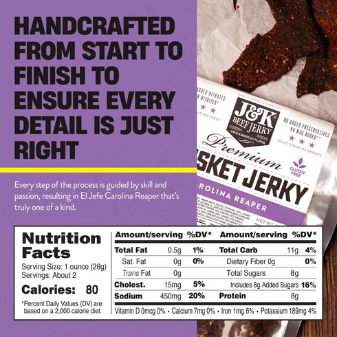 7oz J&K Jerky Carolina Reaper Beef Brisket Jerky - Small Batch American Made Slab Beef Jerky's Spicy and Savory Snack