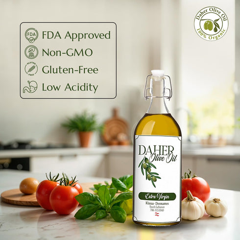 33.8 OZ Daher Olive Oil - FL - Premium Organic Extra Virgin - Cold Pressed - Southern Lebanon Region - Low acidity