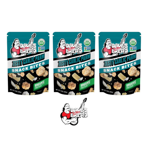 7.2 OZ (Pack 3) Dave's Killer Bread ZESTY GARLIC PARM SNACK BITES, with Branded Sticker