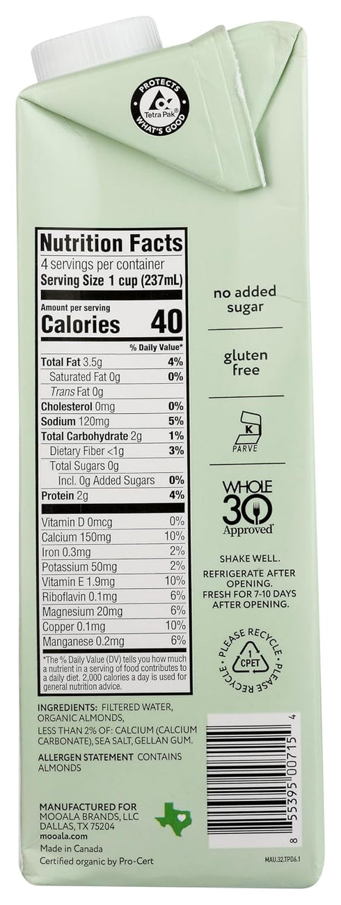 (6 Pack) Mooala Brands Plant Based Beverage, Unsweetened Original Almondmilk | Organic Plant Based Beverage | Dairy