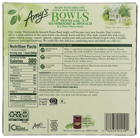 9 Amy's, Bowl Penne Mushrooms & Spinach, Ounce