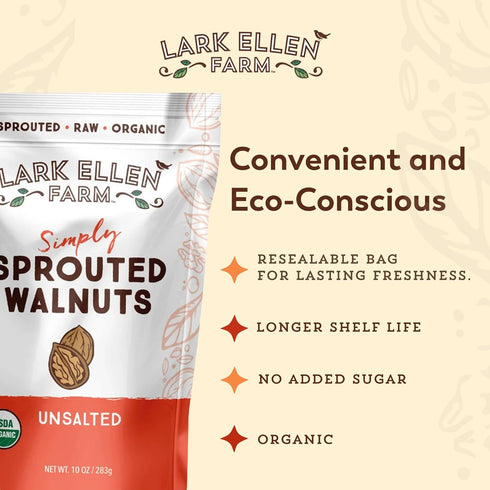 10 Oz, 3 Pack Lark Ellen Farm Organic Sprouted Walnuts Raw, Unsalted, Keto-Friendly, Healthy Vegan Snack, Gluten-Free