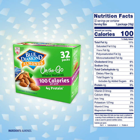 100 32 count Blue Diamond Almonds Whole Natural Raw Snack Nuts, Calorie Travel Bags