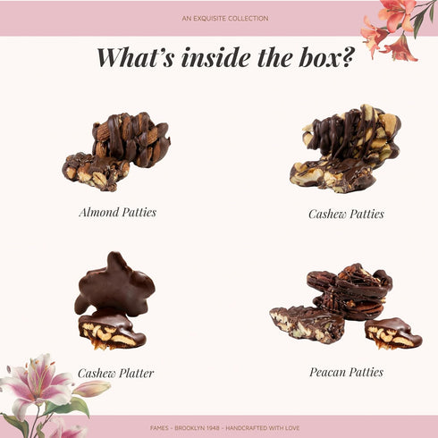 Nut Clusters Chocolate Gift Box - Assorted Caramel Brittles, Pecan Patties, Almond & Cashew Clusters, Kosher Dairy Free