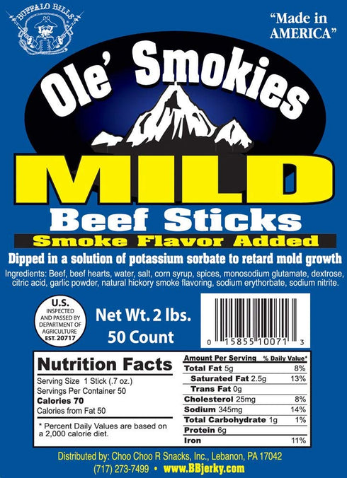 2-lb 5" (50 Buffalo Bills Mild Ole' Smokies Saddlebag twist-end beef sticks per saddlebag)