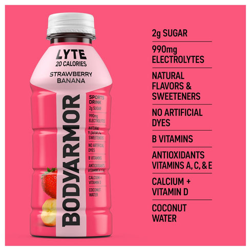 Potassium-Packed 16 Oz (Pack 12) BODYARMOR LYTE Sports Drink Low-Calorie Sports Beverage, Strawberry Banana, Coconut