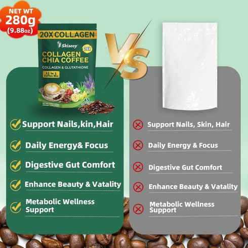 Skiseoy 20x 11-in-1 45 Collagen Chia Coffee - Coffee Shape Mix with Collagen & Chia Seeds, L-Glutathione for Skin, Hair