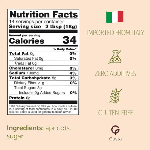 2 8.82oz Gusta Apricot Jam Preserve - Made in Italy Fruit Preserve & Jam - Only Ingredients - Perfect Apricot Jam