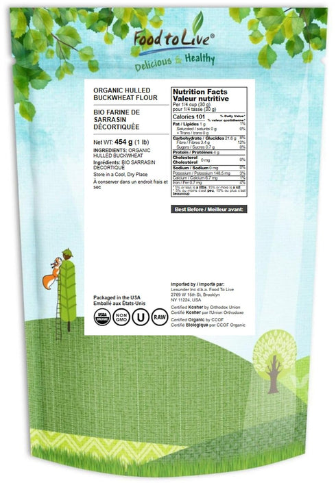 1 Food to Live Organic Hulled Buckwheat Flour, Pound Non-GMO, Finely Milled Raw Groats, Kosher, Vegan Powder. Good
