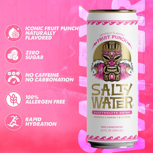 10 12 Pack (12 oz) SaltyWater Electrolyte Drink, Fruit Punch Zero Sugar Premium Hydration Drink, Calories, Minerals