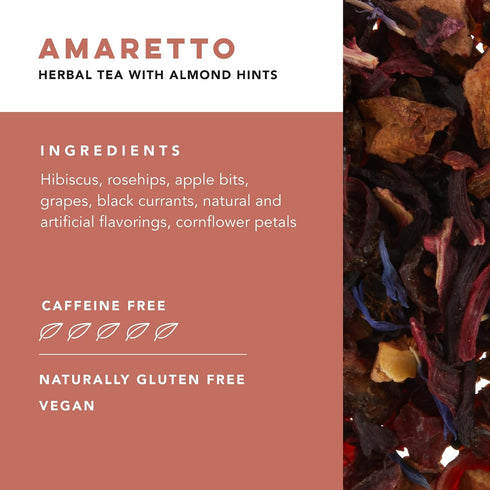 1.6 oz, 15 Pinky Up Amaretto Herbal Tea, Caffeine-Free Herbal Tea with Almond, Hibiscus, and Rosehips, Compostable