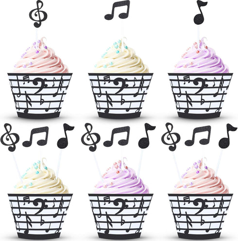 48 Pieces Music Note Cupcake Toppers and Wrappers, Musical Symbol Lace Cupcake Liners, Paper Baking Cup for Birthday
