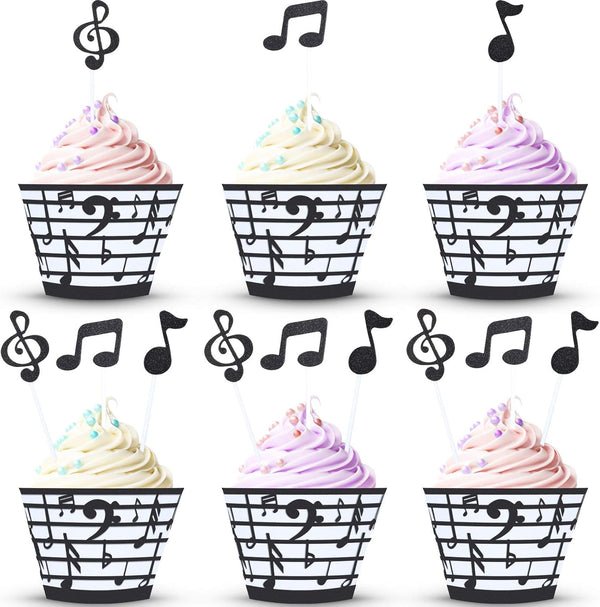 48 Pieces Music Note Cupcake Toppers and Wrappers, Musical Symbol Lace Cupcake Liners, Paper Baking Cup for Birthday