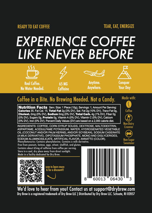 65mg 15 Dry Brew Coffee in a Bite, Chewy Ready to Eat, Caffeine each, Non-dairy Creamer - Bites