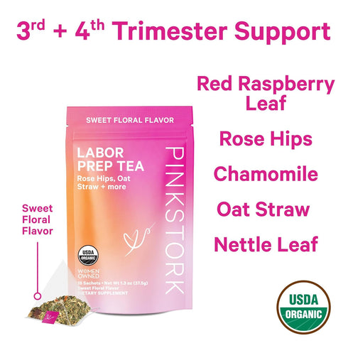 Pink Stork Labor Prep Tea, Organic Red Raspberry Leaf with Chamomile and Rosehip, 15 Sachets - Caffeine-Free