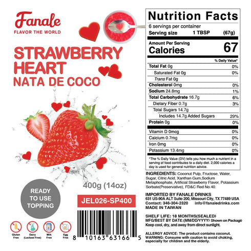 400g(Pack 1) Fanale Coconut Jelly Topping nata de coco for Bubble Tea | Strawberry Heart Jelly Topping for Boba Tea