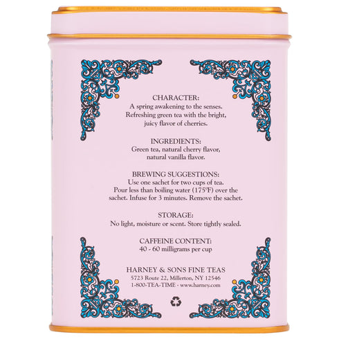 31629, 20 Count (Pack 1) Harney & Sons Caffeinated Blossom Green Tea Tin Sachets Pink Cherry
