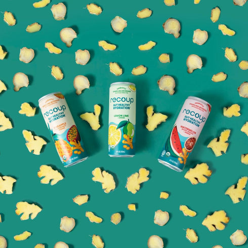 ((Pack 12), Recoup Organic Sparkling Prebiotic Drink - Ginger with Electrolytes for Gut Health Support & Hydration, No