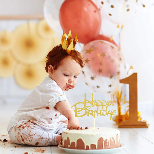 Gold Happy Birthday Cake Topper - Golden Glitter Birthday Party Decoration Supplies, Cake Smash Props