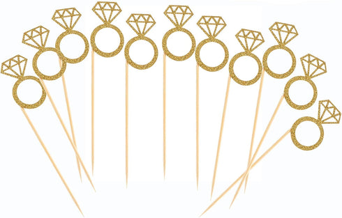 50 Pack Gold Glitter Mini Diamond Ring Cupcake Toppers for Marriage, Engagement, Anniversary, Birthday Party Cake Decor