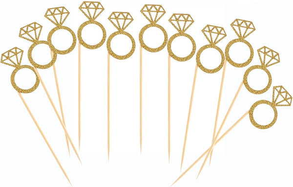 50 Pack Gold Glitter Mini Diamond Ring Cupcake Toppers for Marriage, Engagement, Anniversary, Birthday Party Cake Decor