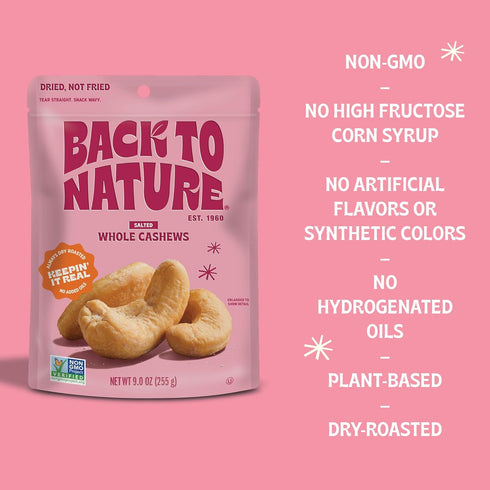 Back to Nature Jumbo Cashews, Dry Roasted with Sea Salt, Non-GMO High Protein Snacks, 9 Ounce