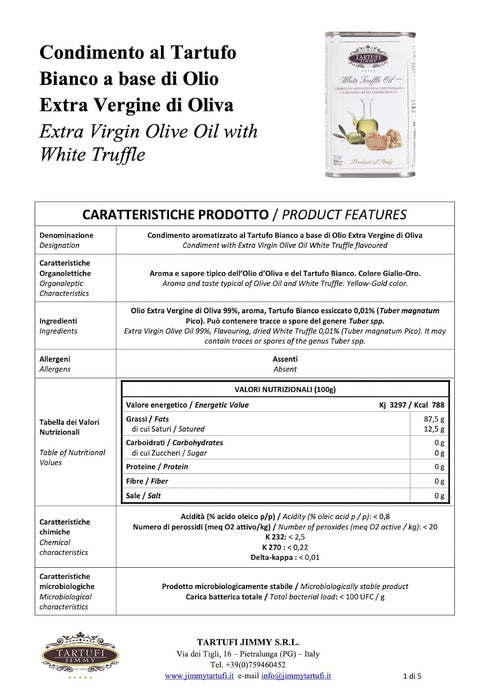 Jimmy 8.45 oz 250 ml Tartufi White Truffle Extra Virgin Olive Oil | Supreme Quality, Healthy, Versatile Uses