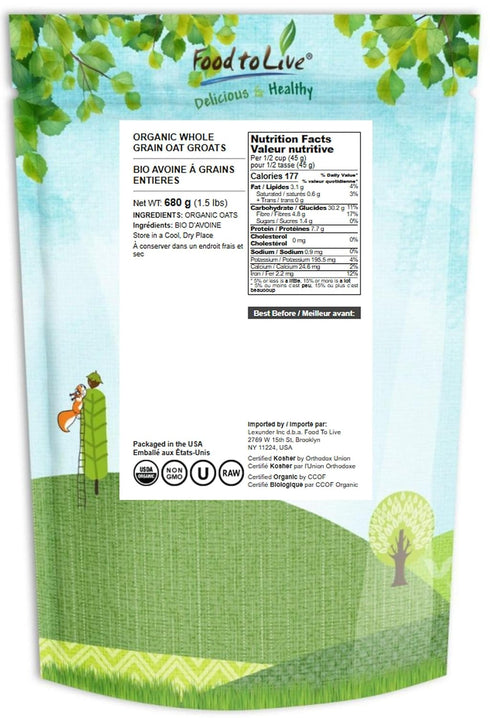 1.5 100% Food to Live Organic Oat Groats, Pounds Whole Grain, Non-GMO Seeds, Kosher, Raw, Non-Irradiated, Vegan, Bulk