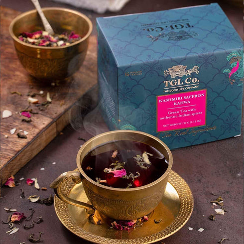 (16 TGL Co. Kashmiri Kahwa Tea | Saffron-Infused Loose Green Tea with Cardamom, Cinnamon, Clove, Almonds | Authentic