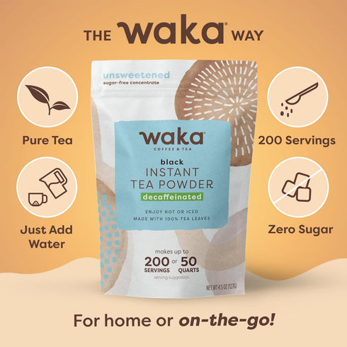 100% 50 200 (4.5oz) Waka Instant Black Tea Mix Pouch, Decaffeinated - Tea Leaves, No Additives, Unsweetened Tea Powder