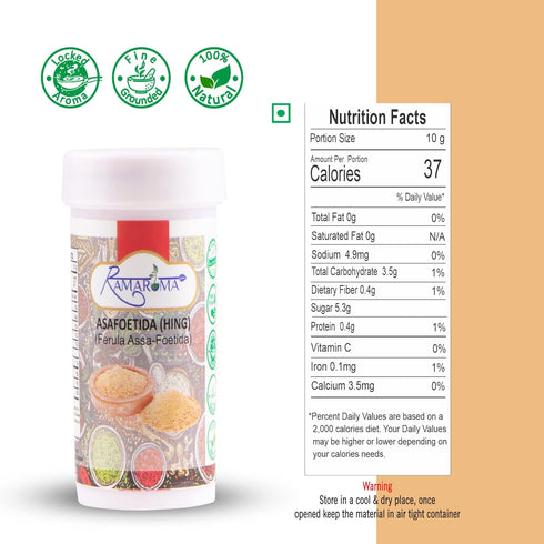 Ramaroma Asafetida (Hing) Ground 0.35oz (10g) - All Natural, Salt Free, Vegan Indian Spice