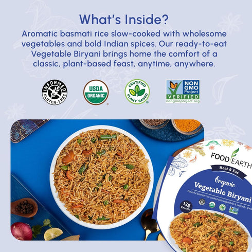 Prepackaged 8.81 oz (Pack 6) Food Earth Ready to Eat Vegetable Biryani Organic, Vegan, Gluten-Free Indian Meal
