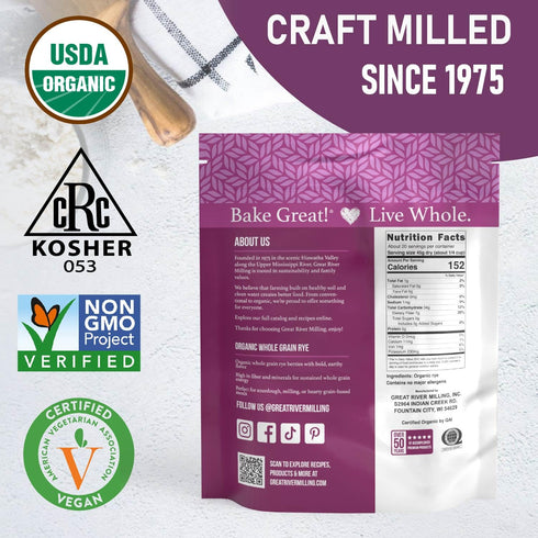 2 Lb Great River Organic Milling Organic Whole Grain Rye Berries | High-Fiber, Nutrient-Rich Ancient Grain | Non-GMO