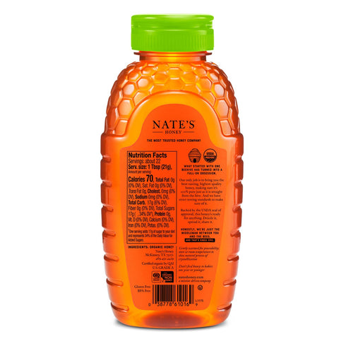 100% 16oz. Nate's Organic Pure, Raw & Unfiltered Honey - USDA Certified Organic - Squeeze Bottle
