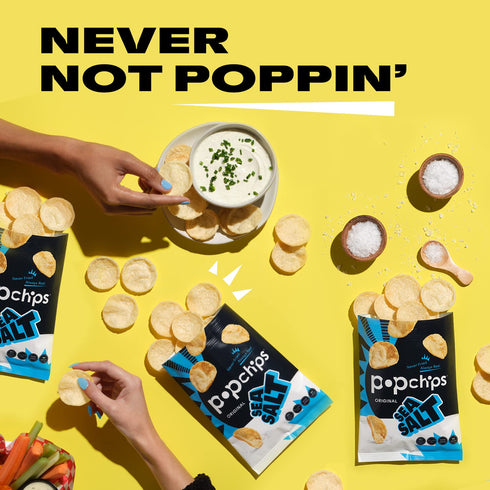 12ct 0.8oz 100 Popchips Potato Chips, Sea Salt, Single Serve Bags, Low-Calorie and Gluten Free, Salty Snacks for Adults