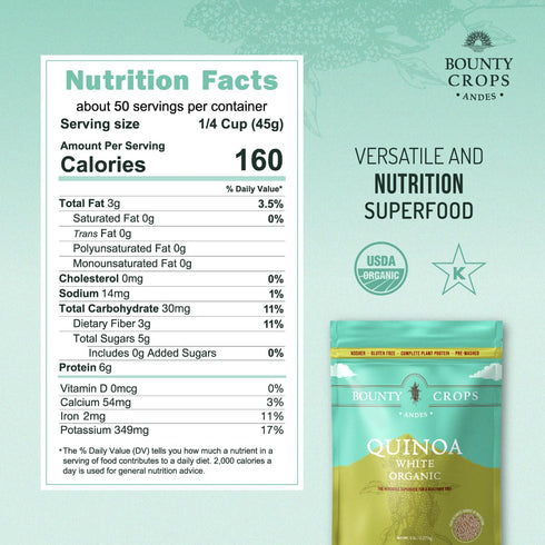 (5 lb, 80 oz, 2.27 Bounty Crops Organic White Quinoa kg), Fiber, Iron and Potassium, Plant Base Protein, Gluten-Free